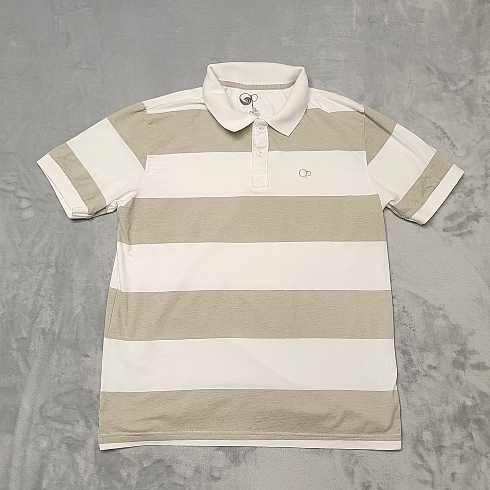 Op Shirt Mens Large Beige White Striped Polo Short Sleeve Beach Surf Casual